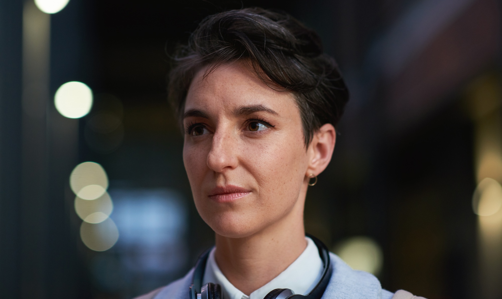 Portrait young business woman in city success testimonial
